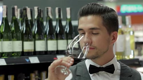 Young Adult Tasting Red Wine in Liquor Store