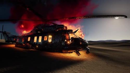 Burned Military Helicopter in the Desert at Sunset