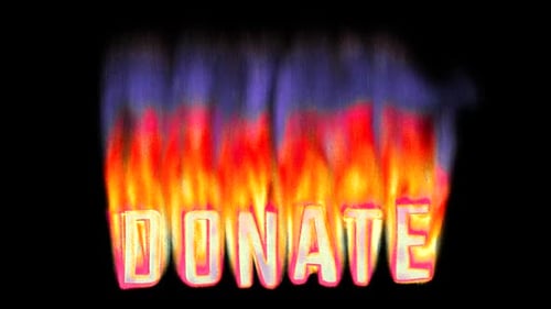 Donate - Burning text in pixelated retro-styled fire. Loop 3d animation on alpha.