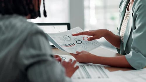 Business people, hands and meeting with documents for analytics, statistics or data at office desk