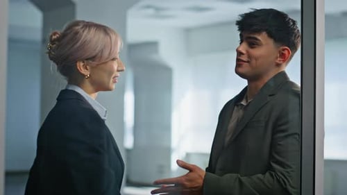 Flirting Coworkers Laughing Office Break Closeup Joyful Couple Communication