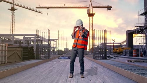 Full Body Of Asian Male Engineer Screaming Goal And Dancing Celebrating at Construction Site