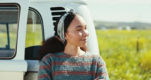 Road trip, happy and woman by car for travel, holiday and vacation on drive in countryside