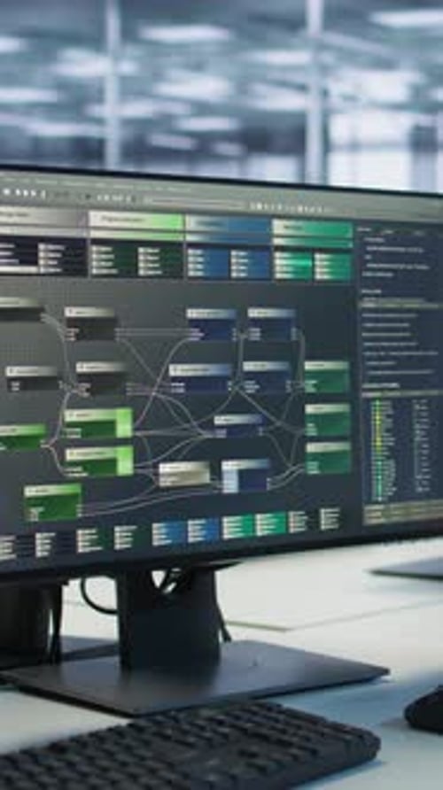 Vertical Video PC Screens on Server Hub Office Desk Showing Programming Software Close Up