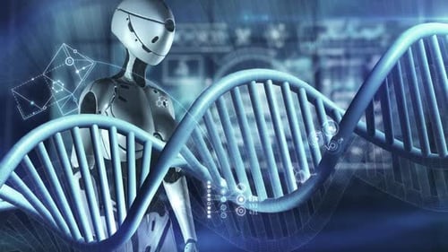 Futuristic Robot Analyzing DNA Helix for Science Technology
