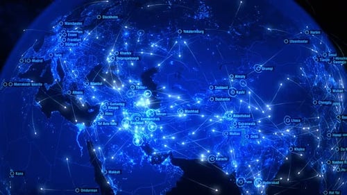 Global Communications Over Asia And Europe. Arrows Fly Slowly Between Cities.
