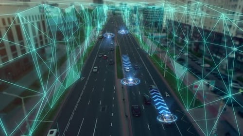 Intelligente Stadt mit künstlicher Intelligenz und fahrerlosen Autos.