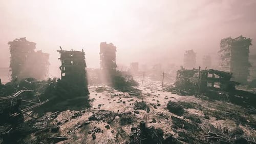 Silent Monumental Ruins Extend From Muddy Flat Surface with Debris