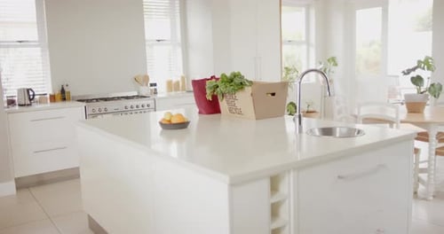 General view of light modern interiors with kitchen, copy space, slow motion