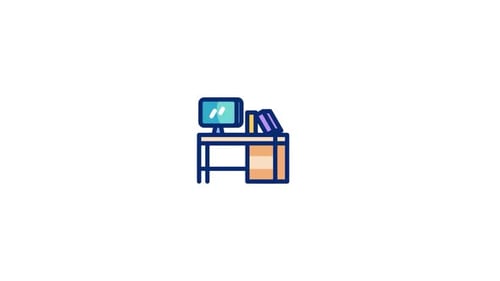 Flat Design Animated Office Desk Icon with Computer and Books