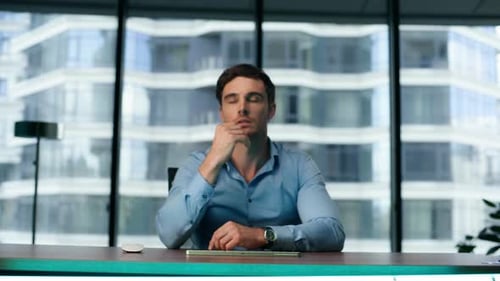 Man Working Augmented Reality at Modern Workplace Close Up