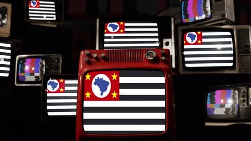 Vintage Televisions Displaying Static and Flag