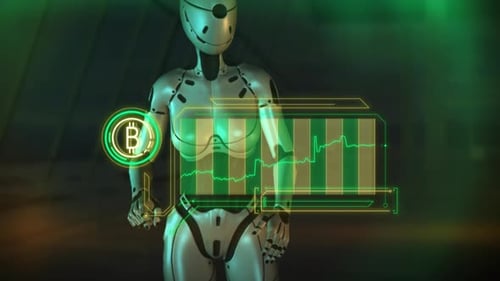 Futuristic Robot Displaying Bitcoin Financial Data Hologram