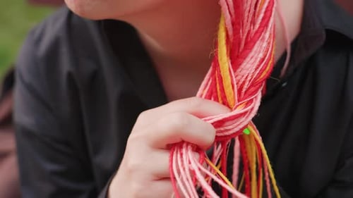 Intimate Image of Woman Touching Colorful Braided Hair in Park Closeup Scene Capturing Woman