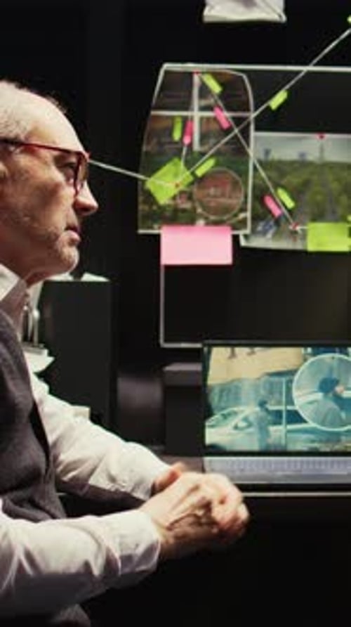 Man Examines Evidence in Dark Office