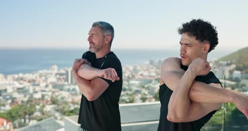 Fitness, stretching and man with personal trainer in city for training, exercise and start workout