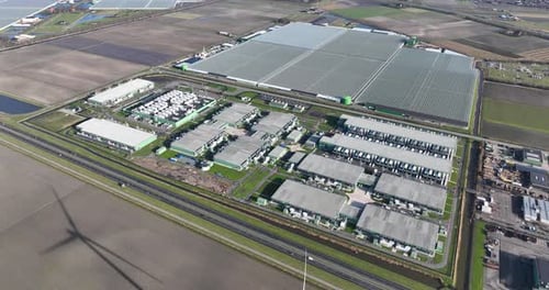 Data center, hyperscales, representing, cloud, digitalization an aerial drone view