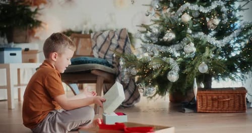 Boy Opens a Christmas Present By Tree