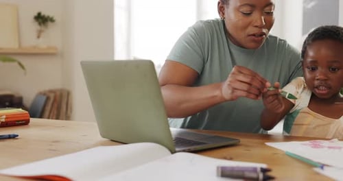 Black family, learning and girl with education and drawing with mom working from home