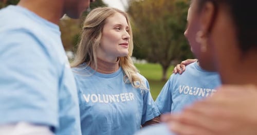 Discussion, volunteer and group of people in park for planning, cleaning and support