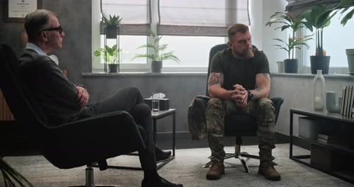Military Man with Post Traumatic Stress Disorder on Therapy Session