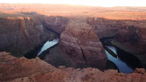 Aerial Shot Of Horseshoe Bend At Sunset, Tourist Destination In Arizona, USA