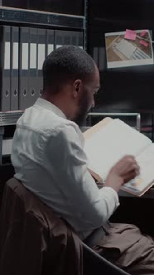 Man Works at Desk in Office Examining Documents