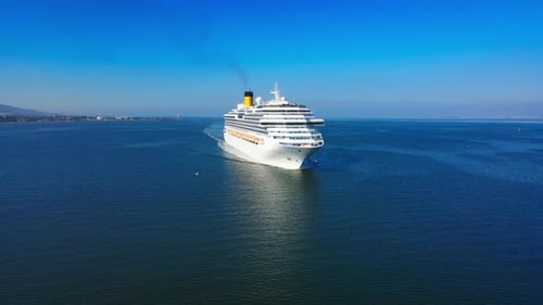 Aerial Drone Shot of Passenger Cruise Ship in Calm Sea Water