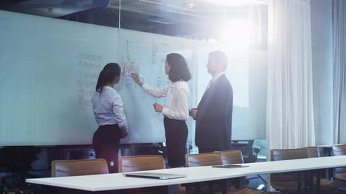 Team of Office Workers have Conversation near Glass Whiteboard