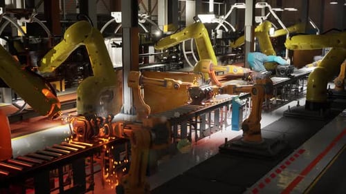 Modern Factory Conveyor Belt with Robotic Arms Assembling Products Efficiently