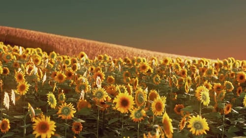 Field of Blooming Sunflowers on a Background Sunset