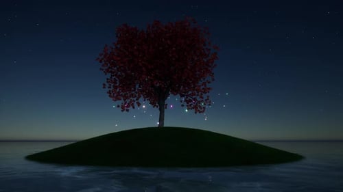 Märchenhafter Landschaftsbaum auf der Insel mit Glühwürmchen Magische Nacht