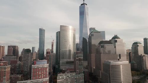 Manhattan View From Above Forwards Fly Above Street Between Modern Buildings Day in Manhattan NYC
