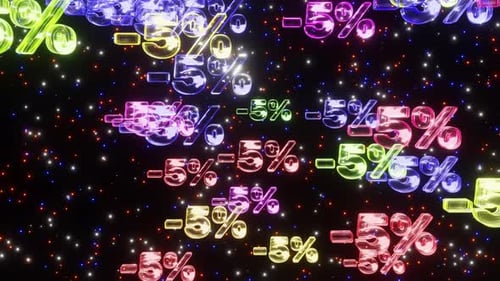 Glowing 5% Discount Symbols Loop with Sparkling Particles Background