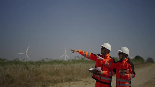 Engineers work at windmill farm.