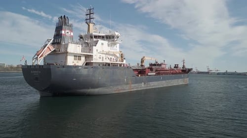 Aerial View of a Large Ship Carrying Fuel Docked in the Port of Halifax Canada