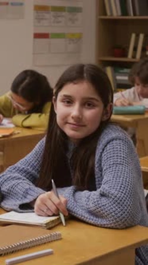 Smiling Girl at Table in School Classroom Vertical