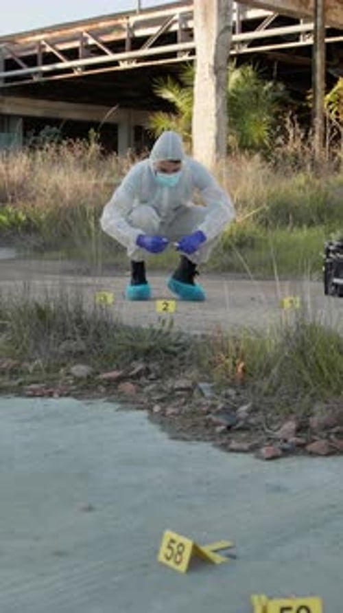 Forensic, dna and crime scene on road, outdoor and swab for medical research