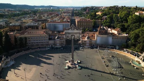 Establishing Drone Shot Above Piazza del Popolo on Beautiful Summer Day in Rome, Italy