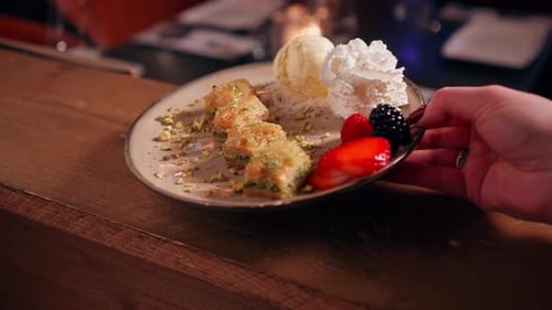 Baklava Dessert with Ice Cream and Berries