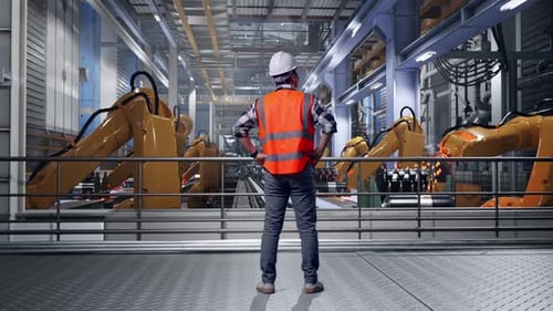 Rückansicht eines männlichen Ingenieurs, der sich umschaut, während er mit Armen steht Akimbo mit Roboterarmen