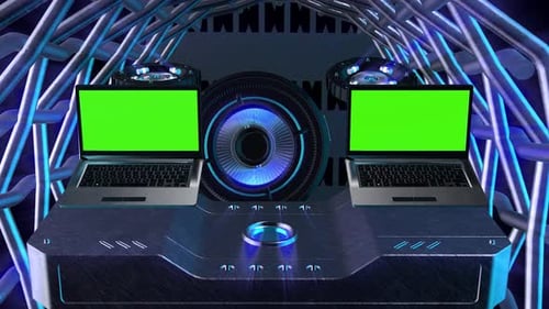 3D Laptop mockup with green screen in the background of future technology