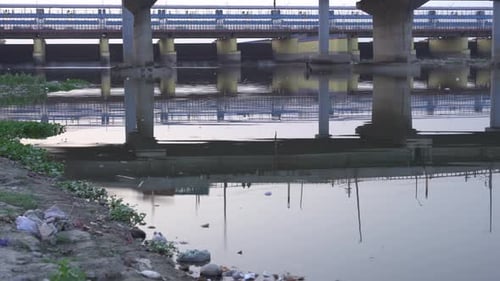 Garbage at the shore of Yamuna riverfront in Kalinidi Kunj Ghat, Yamuna River port, New Delhi