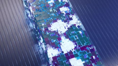 Composition numérique abstraite de cubes colorés en transition dans un arrangement linéaire