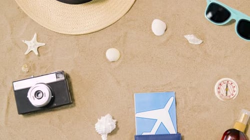 Vacation, Travel and Tourism Concept - Air Tickets in Passport, Vintage Camera