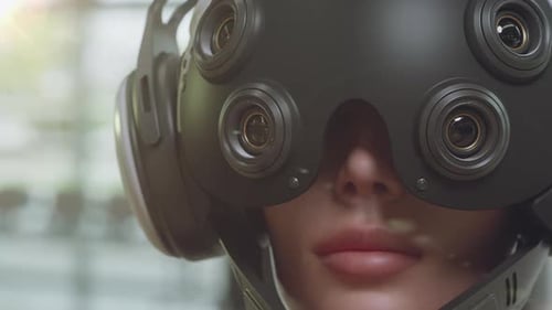 A man machine in a futuristic helmet looks around with a bokeh effect