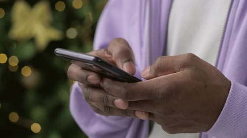 Christmas Sales Online Shopping Close Up Black Hands Man Using Smartphone Pressing Finger Reading