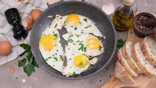 Delicious Fried Eggs in a Skillet on a Countertop