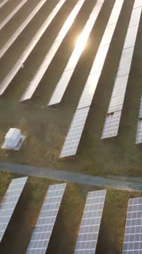 Aerial Top View of Solar Panels Power Plant Photovoltaic Solar Panels at Sunset in Countryside From