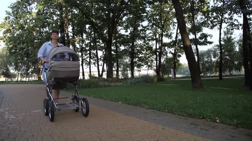 Beautiful Mother Walking in the Park with a Stroller